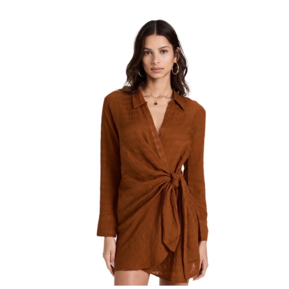 L*Space Women Rust‎ Brown Textured Wrap Tie Mini Shirt Dress Long Sleeve Small